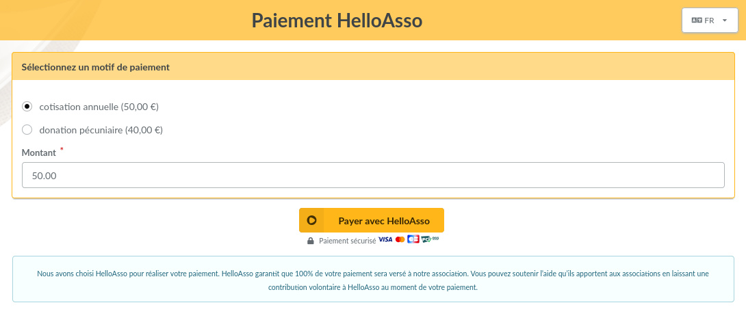 Écran du formulaire de paiement