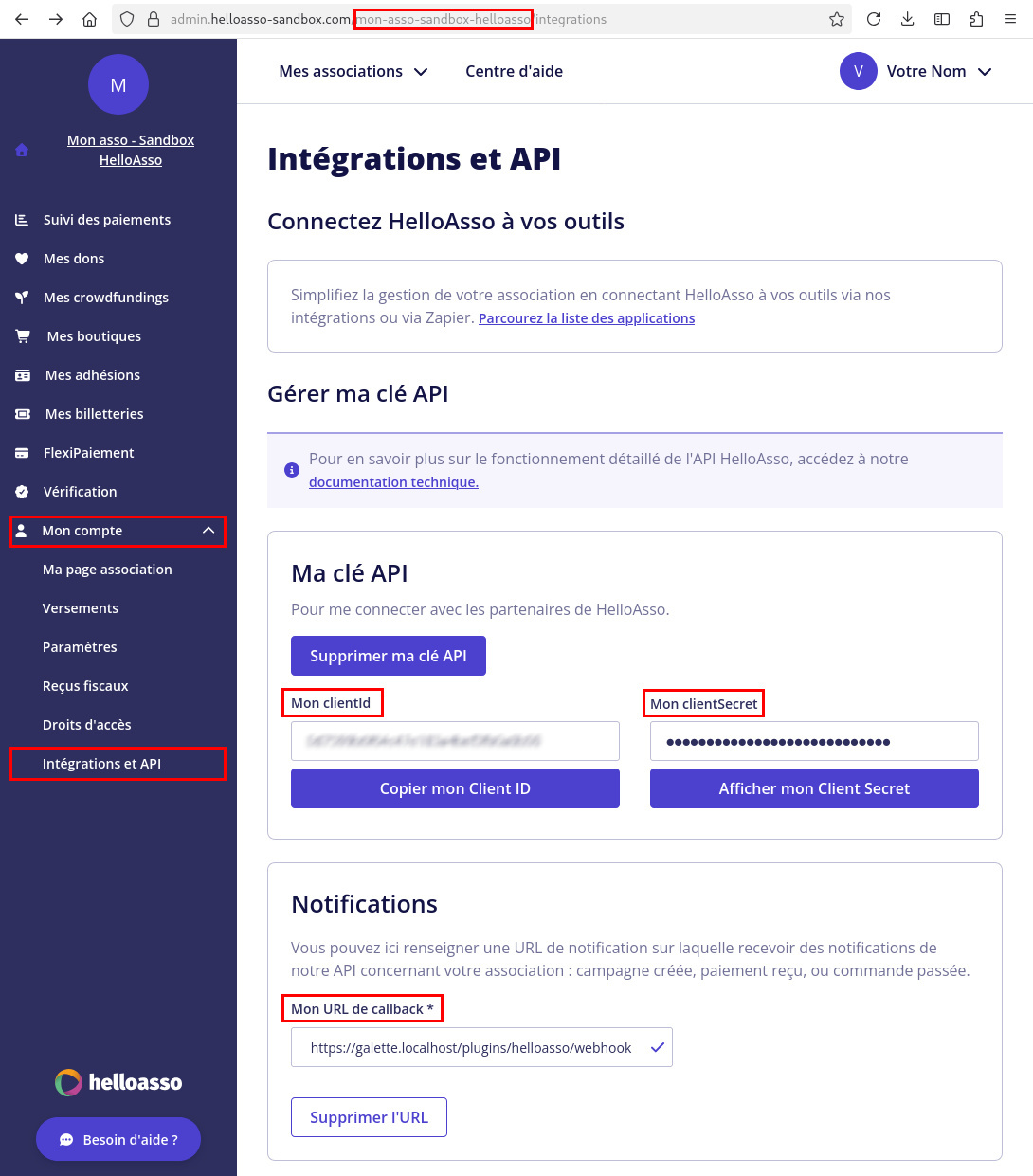 Section "Intégrations et API" du compte HelloAsso