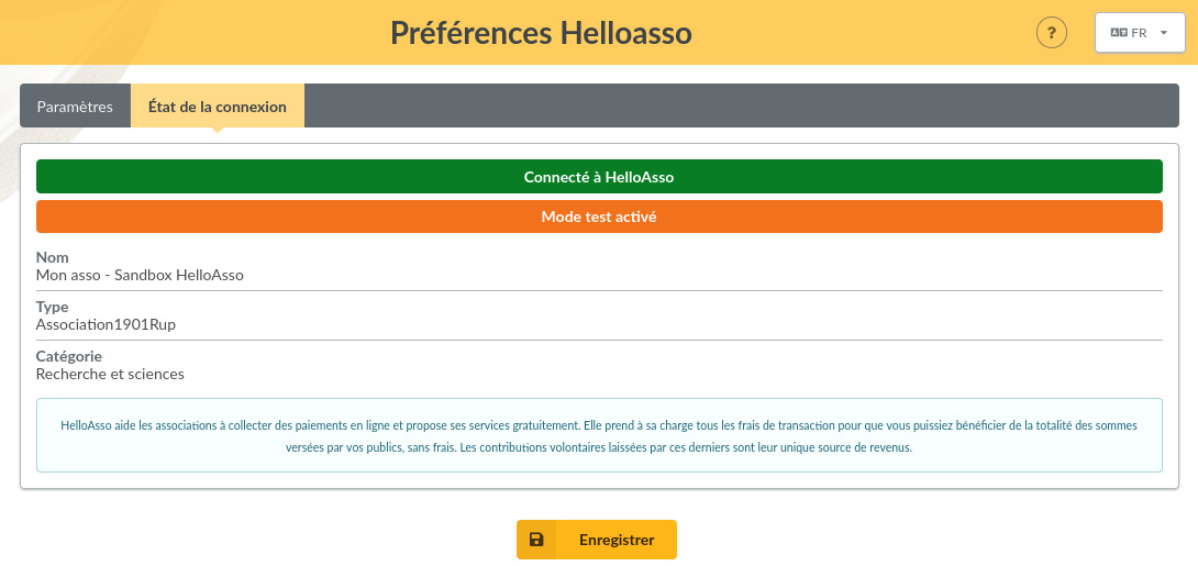 Écran de l'état de connexion à HelloAsso
