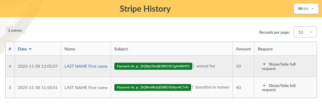 Payment history screen