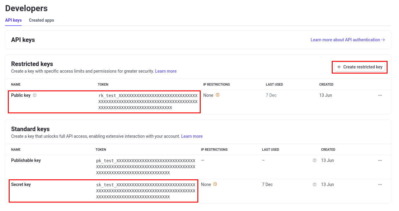 API keys created in Stripe account