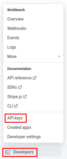 API keys in developers menu