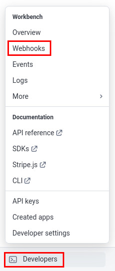 Webhooks in developers menu