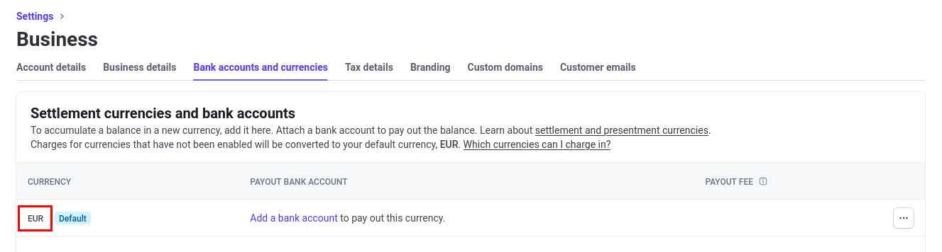 Currency defined in the account settings