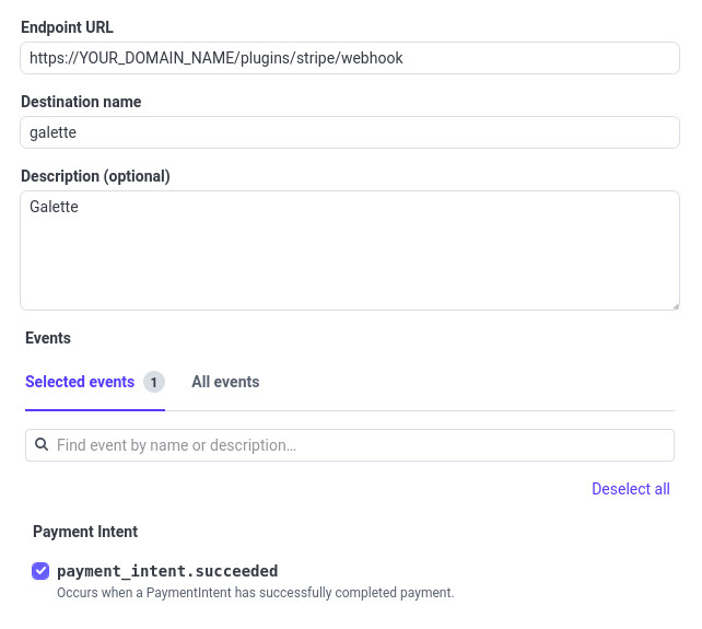 Webhook created in Stripe account