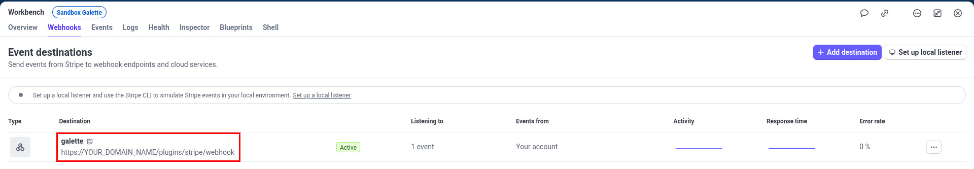Webhooks list in Stripe account